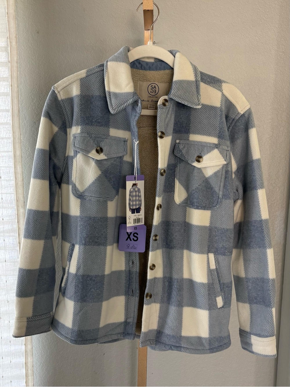Sage Collective Blue Cream Plaid Sherpa Lined Plush Shacket